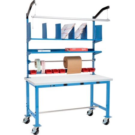 Global Industrial Mobile Packing Workbench W/Riser & Power, Laminate Square Edge, 72inW x 36inD 412453AB